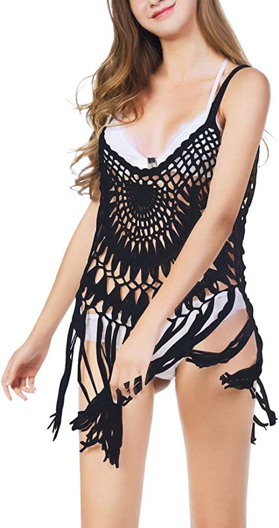 Ladies stretch crochet top with black fringe bottom swimwear cover - MyPrivateStyle.com