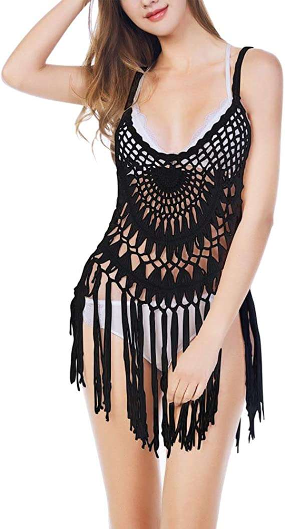 Ladies stretch crochet top with black fringe bottom swimwear cover - MyPrivateStyle.com