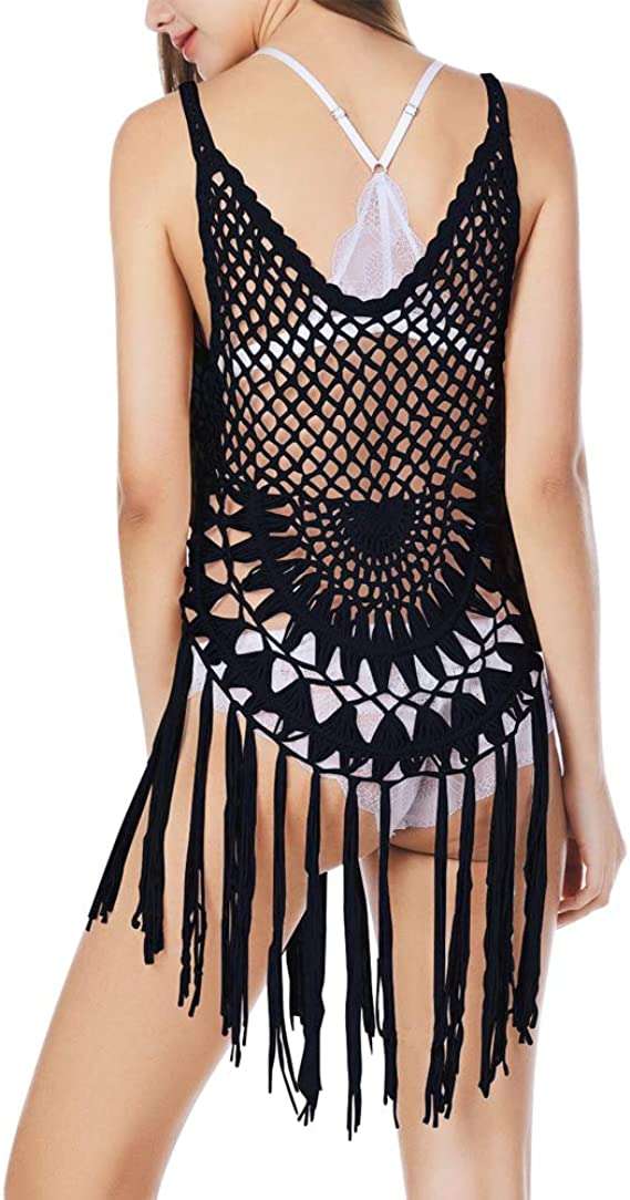 Ladies stretch crochet top with black fringe bottom swimwear cover - MyPrivateStyle.com
