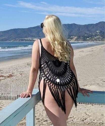 Ladies stretch crochet top with black fringe bottom swimwear cover - MyPrivateStyle.com