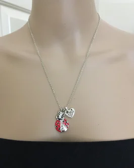 Silver Tone Necklace Pendant. Rhinestone Inlaid Ladybug. Heart Letter Pendant.-- www.MyPrivateStyle.com