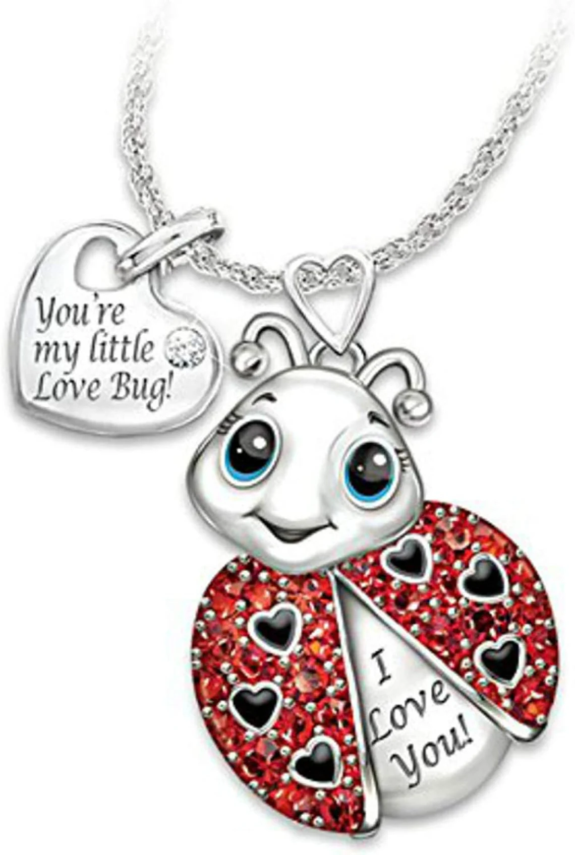Silver Tone Necklace Pendant. Rhinestone Inlaid Ladybug. Heart Letter Pendant.-- www.MyPrivateStyle.com