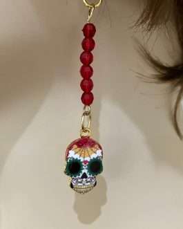 Sugar Skull Dangle Earrings-Gold Tone-Red Rhinestones - www.MyPrivateStyle.com