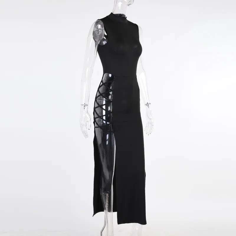 Elegant Holiday Sleeveless Bandage Sexy Dress With High Side Strappy Cutouts. Soft sexy milk silk blend dress with straps & high cutout sides. on www.MyPrivateStyle.com