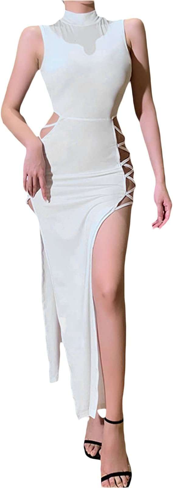 Elegant Holiday Sleeveless Bandage Sexy Dress With High Side Strappy Cutouts. Soft sexy milk silk blend dress with straps & high cutout sides. on www.MyPrivateStyle.com