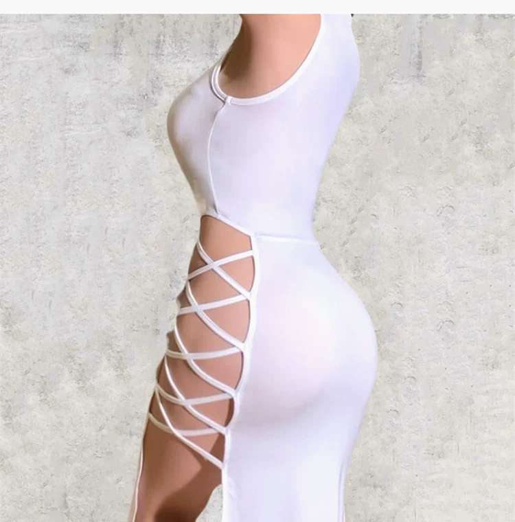legant Holiday Sleeveless Bandage Sexy Dress With High Side Strappy Cutouts. Soft sexy milk silk blend dress with straps & high cutout sides. on www.MyPrivateStyle.com