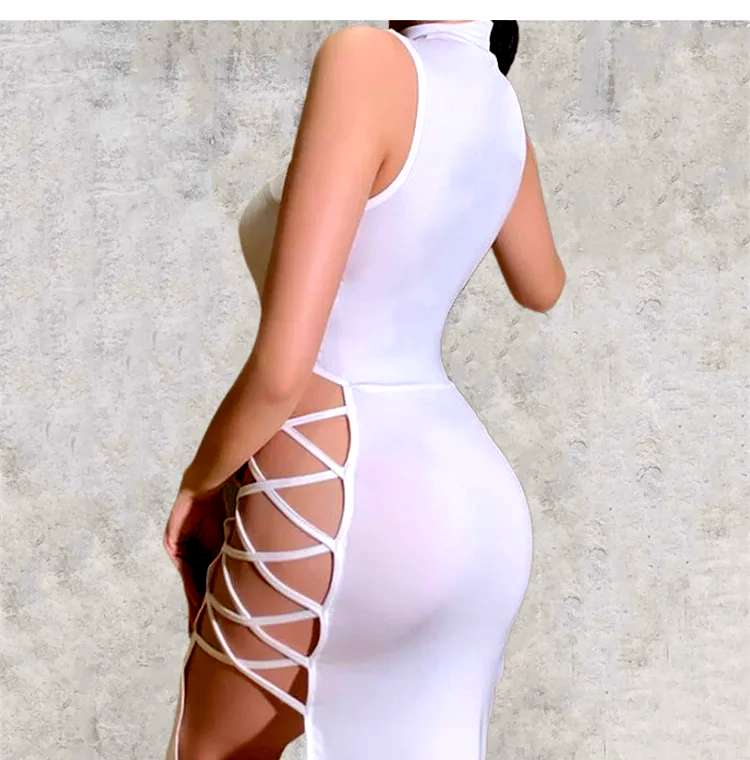 Elegant Holiday Sleeveless Bandage Sexy Dress With High Side Strappy Cutouts. Soft sexy milk silk blend dress with straps & high cutout sides. on www.MyPrivateStyle.com