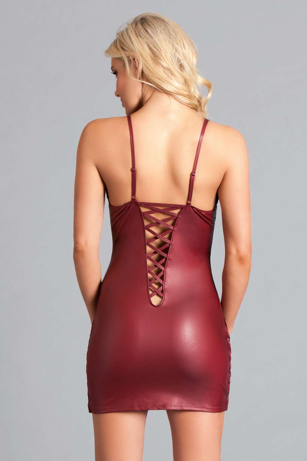 Be Wicked Brand Plunging Lace Up Slip Mini Dress In Faux Leather
