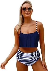 2Pc Swimsuit High Waist Bottoms, Flounce Top Criss-Cross Back Bikini. on MyPrivateStyle.com