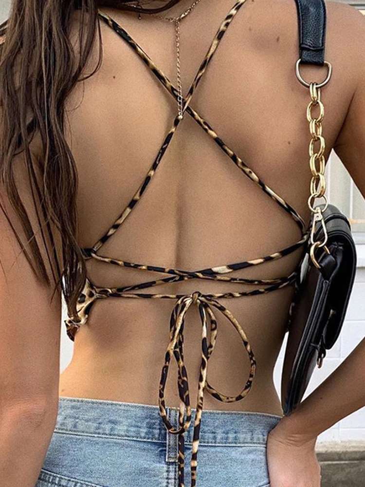 Leopard Print Backless Crop Top Cami Style Model back side