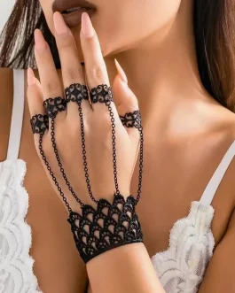 Romantic Vintage Black Lace Finger Wrist Chain Rings