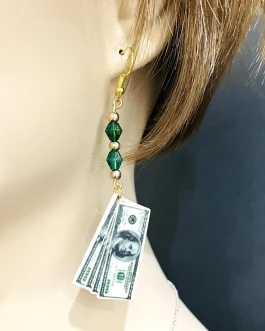 Novelty $100 Dollar Stack Dangle Earrings - Handmade