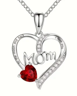 MOM Rhinestone & Silver Heart Necklace With Red Heart Accent