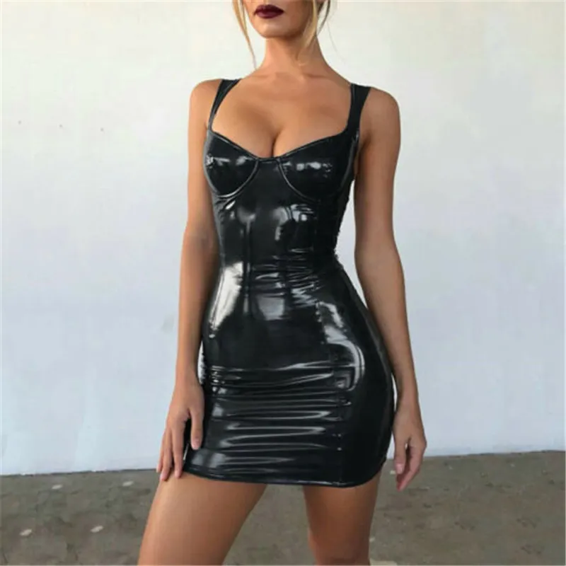 Wet Look PU Leather Sleeveless Bodycon Mini Dress
