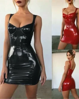 Wet Look PU Leather Sleeveless Bodycon Mini Dress