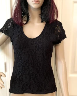 Bisou Bisou Black Lace Short Split Sleeve Blouse With Ruched Sides