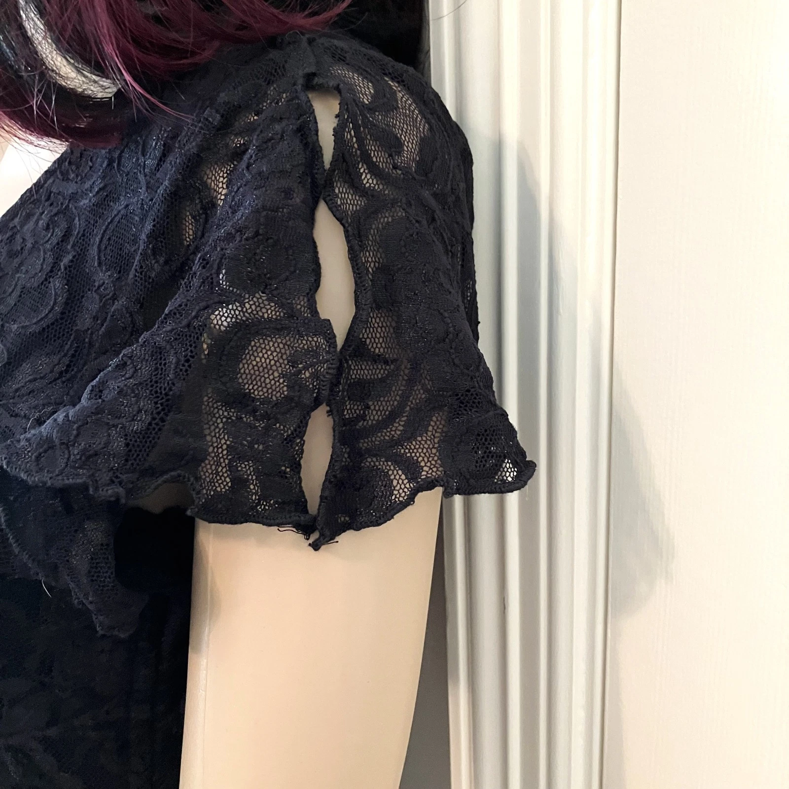 Bisou Bisou Black Lace Short Split Sleeve Blouse With Ruched Sides