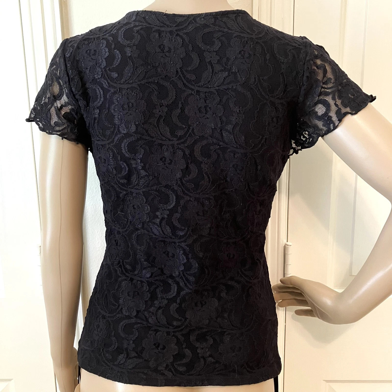 Bisou Bisou Black Lace Short Split Sleeve Blouse With Ruched Sides