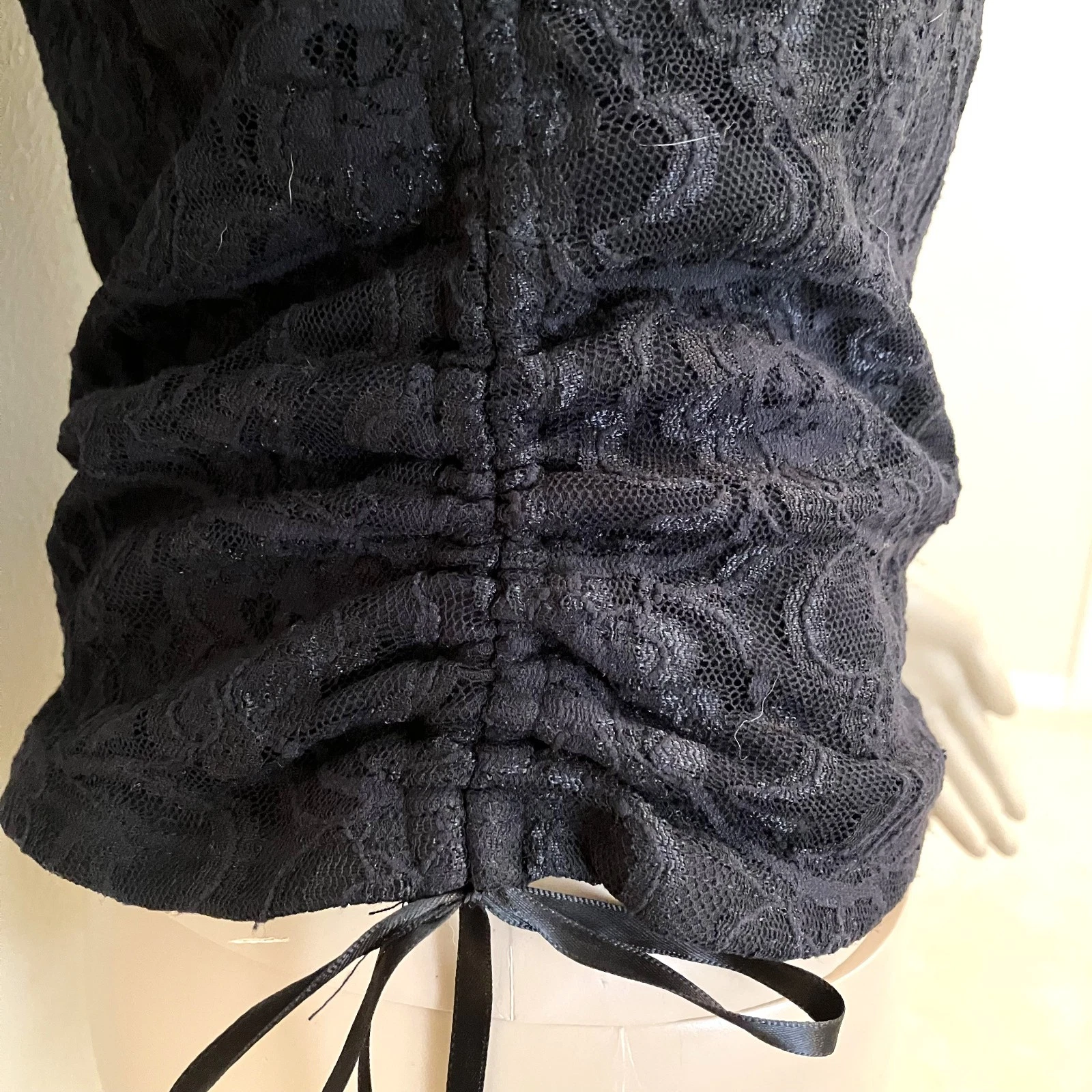 Bisou Bisou Black Lace Short Split Sleeve Blouse With Ruched Sides