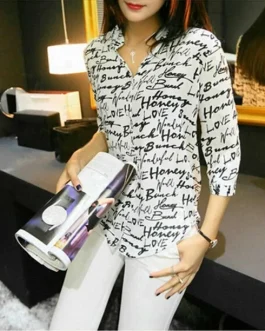 Chiffon Front Button Blouse Script pattern on white background.