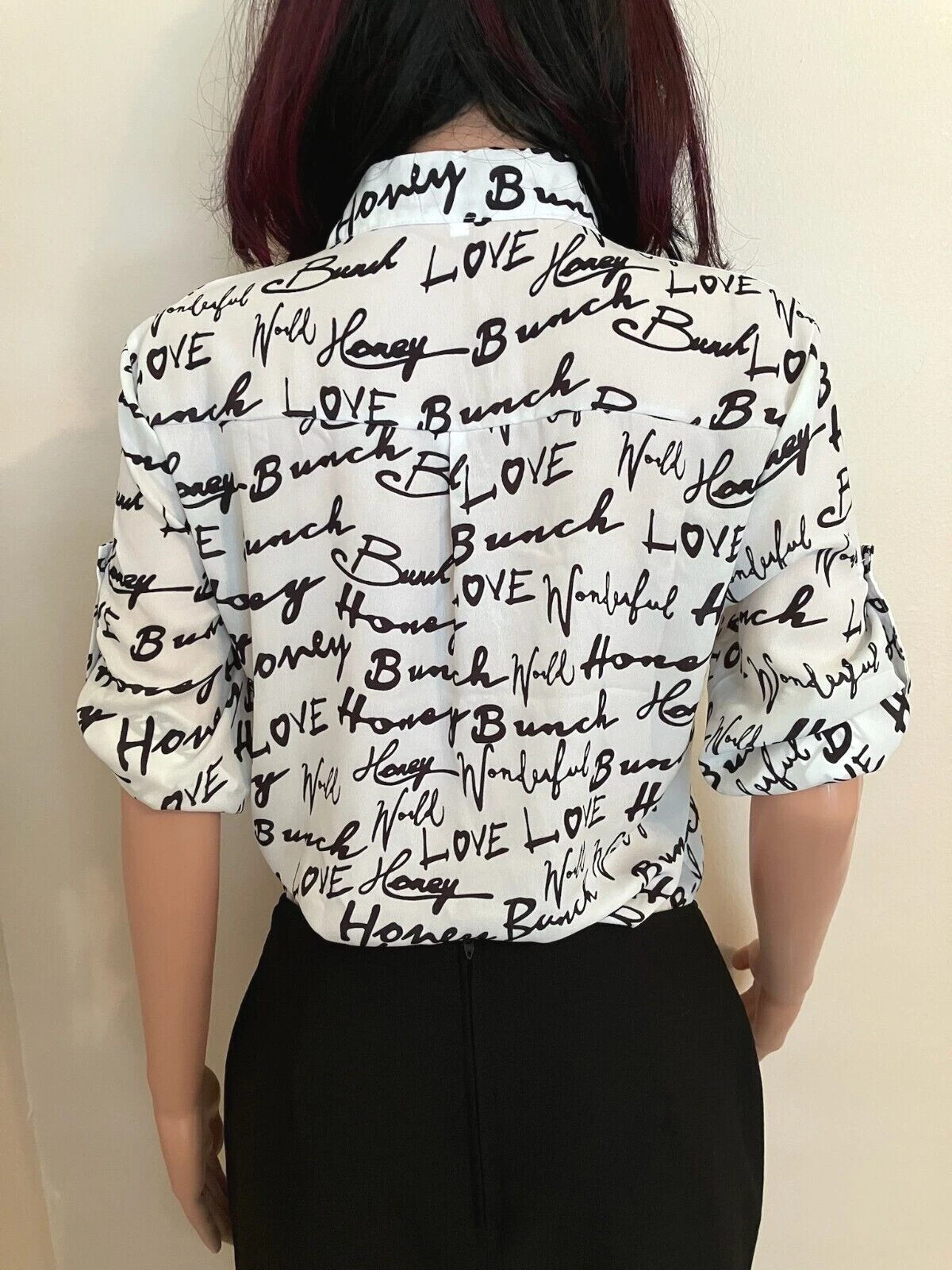 Chiffon Front Button Blouse Script pattern on white background.