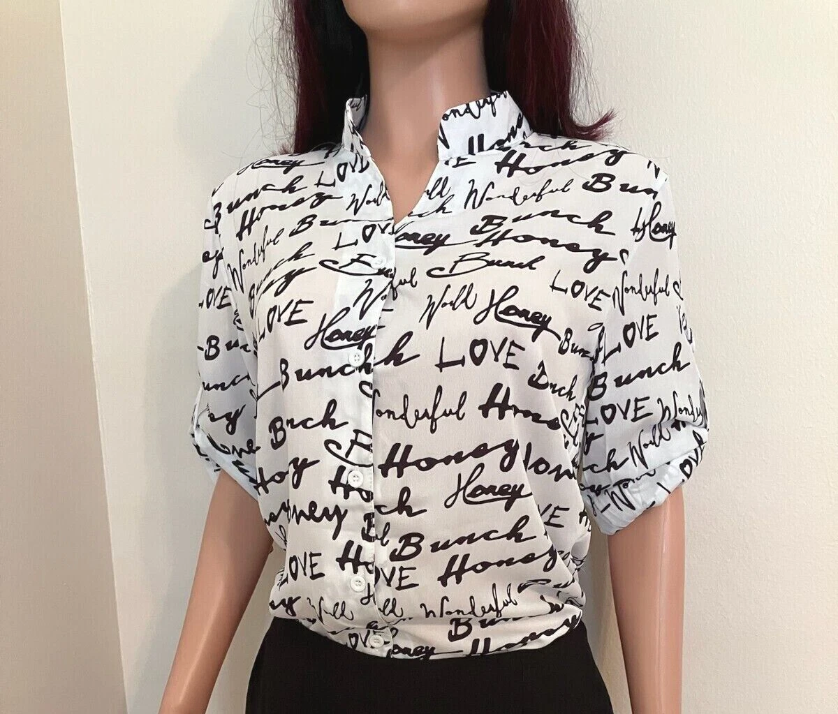 Chiffon Front Button Blouse Script pattern on white background.