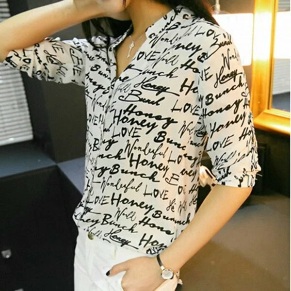 Chiffon Front Button Blouse Script pattern on white background.