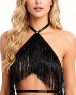  Strappy Halter Crop Top Fringe Western Cowgirl Boho Style Top